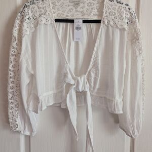 American Eagle Outfitters White Lace Tie-Front Blouse
